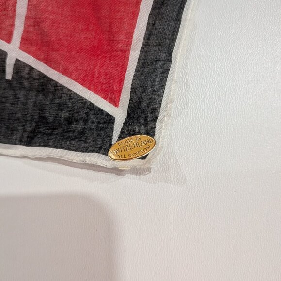 "Pour Vous Madame" Graphic Handkerchief Made in Switzerland Red Black VINTAGE - Picture 2 of 3